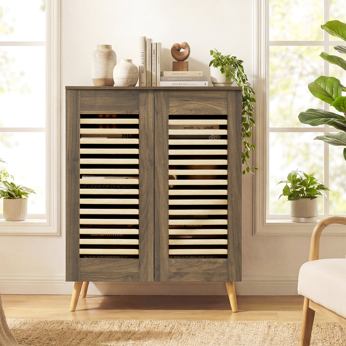Shoe Cabinet with Louvered Doors and Removable Shelves