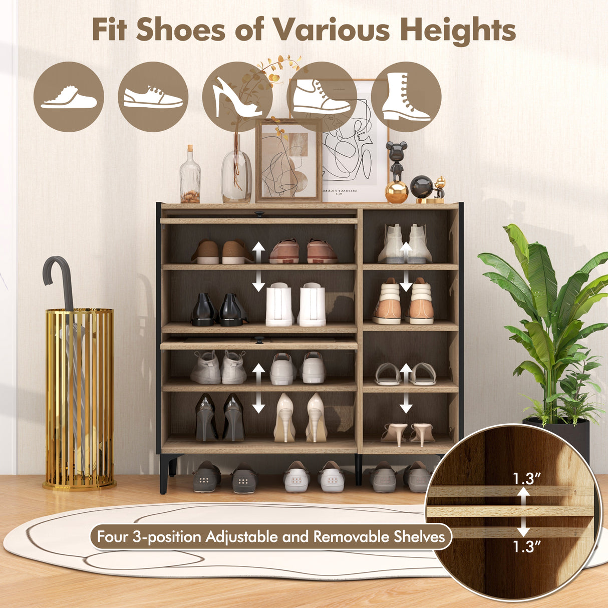Shoe Rack Organizer with Flip-up See-through Doors and Adjustable Shelves-Oak