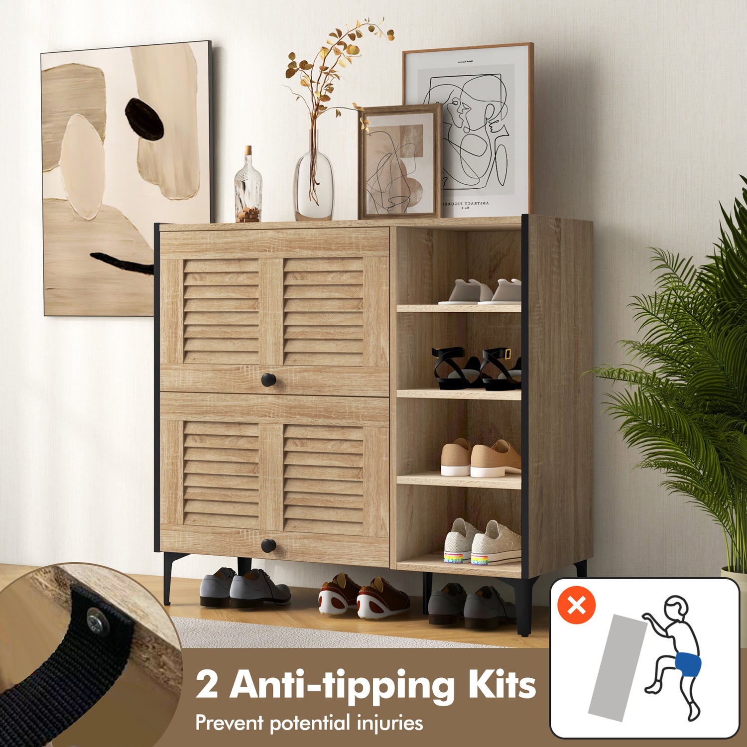 Shoe Rack Organizer with Flip-up See-through Doors and Adjustable Shelves-Oak