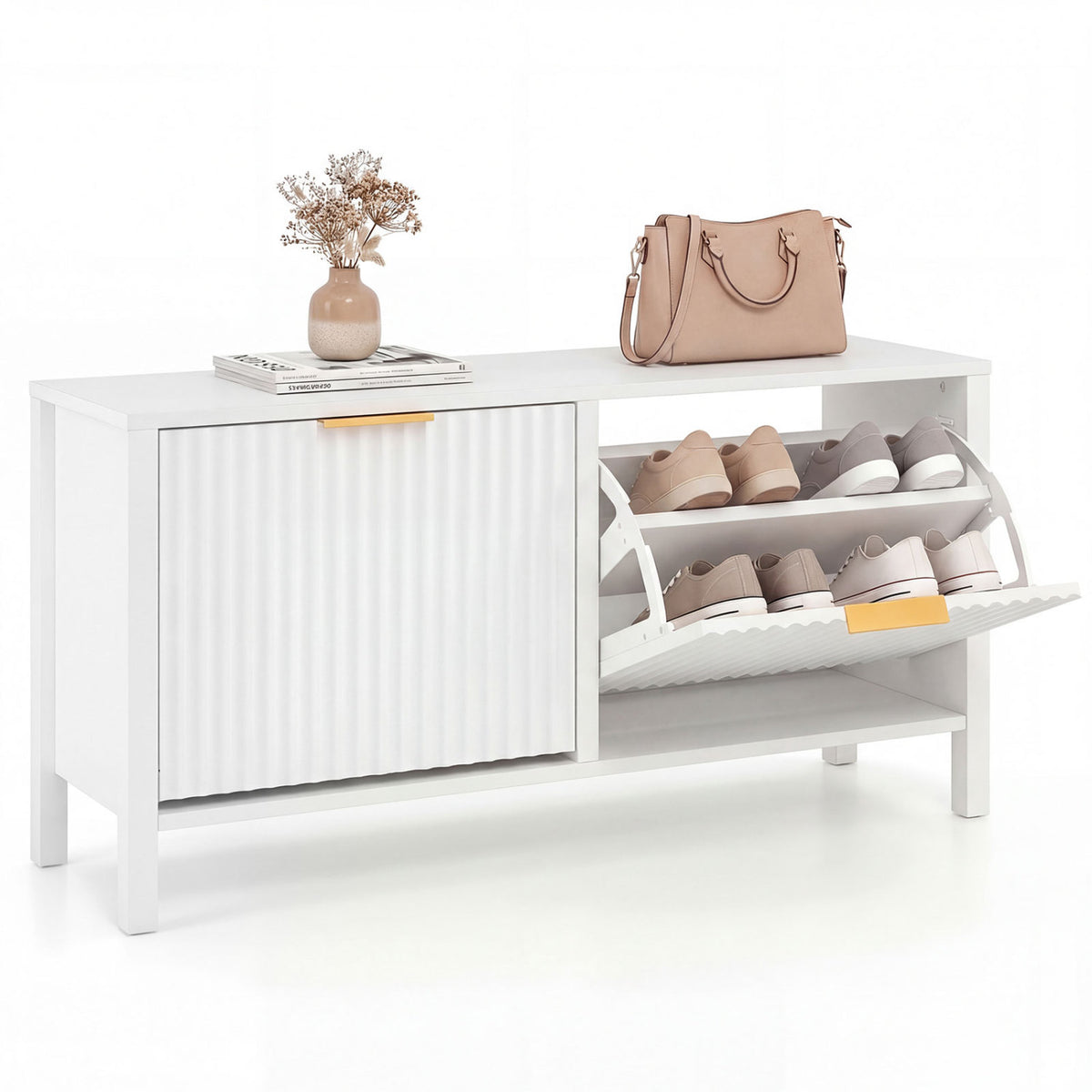 Shoe Storage Bench Narrow Wooden Entryway Bench with 2 Flip Drawers