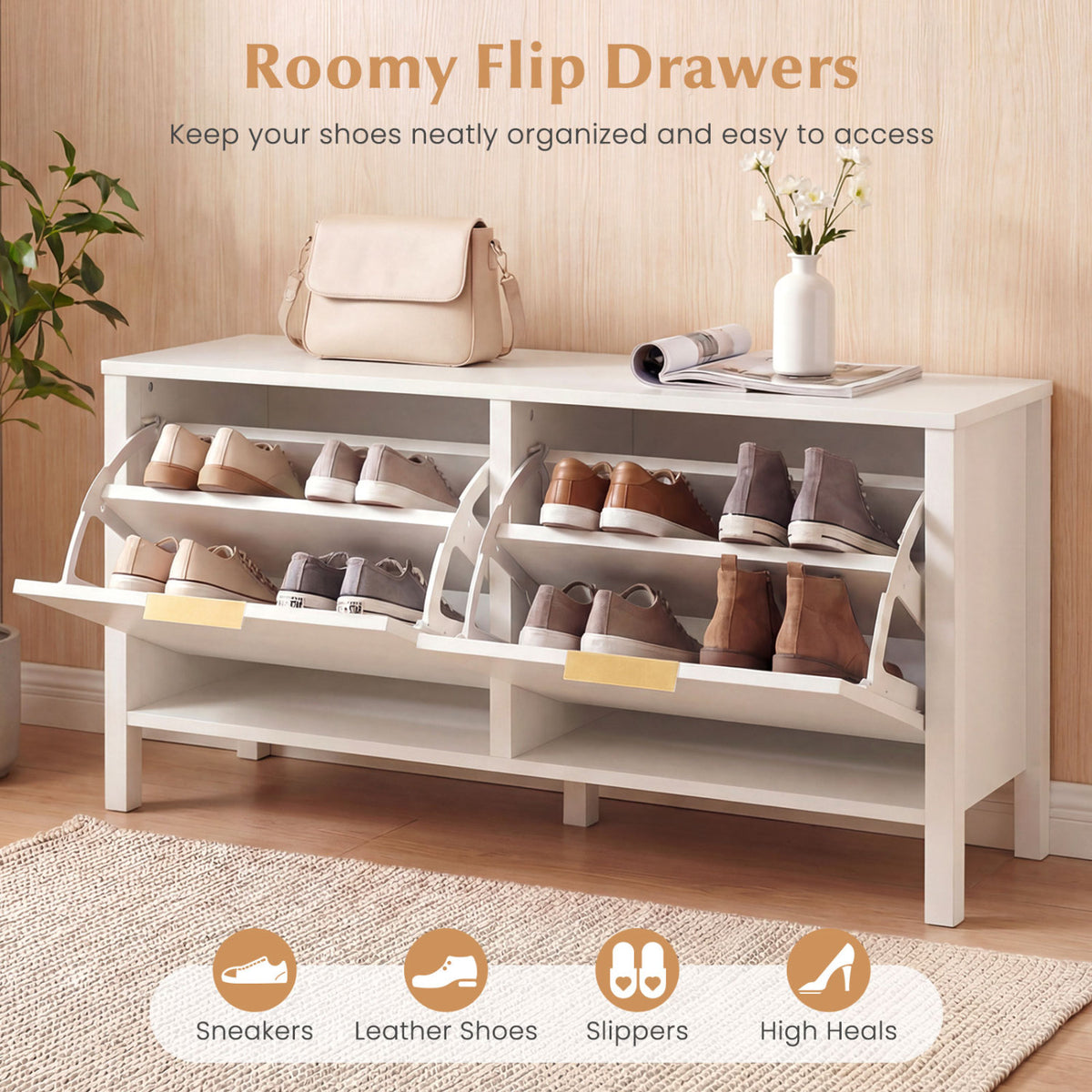 Shoe Storage Bench Narrow Wooden Entryway Bench with 2 Flip Drawers