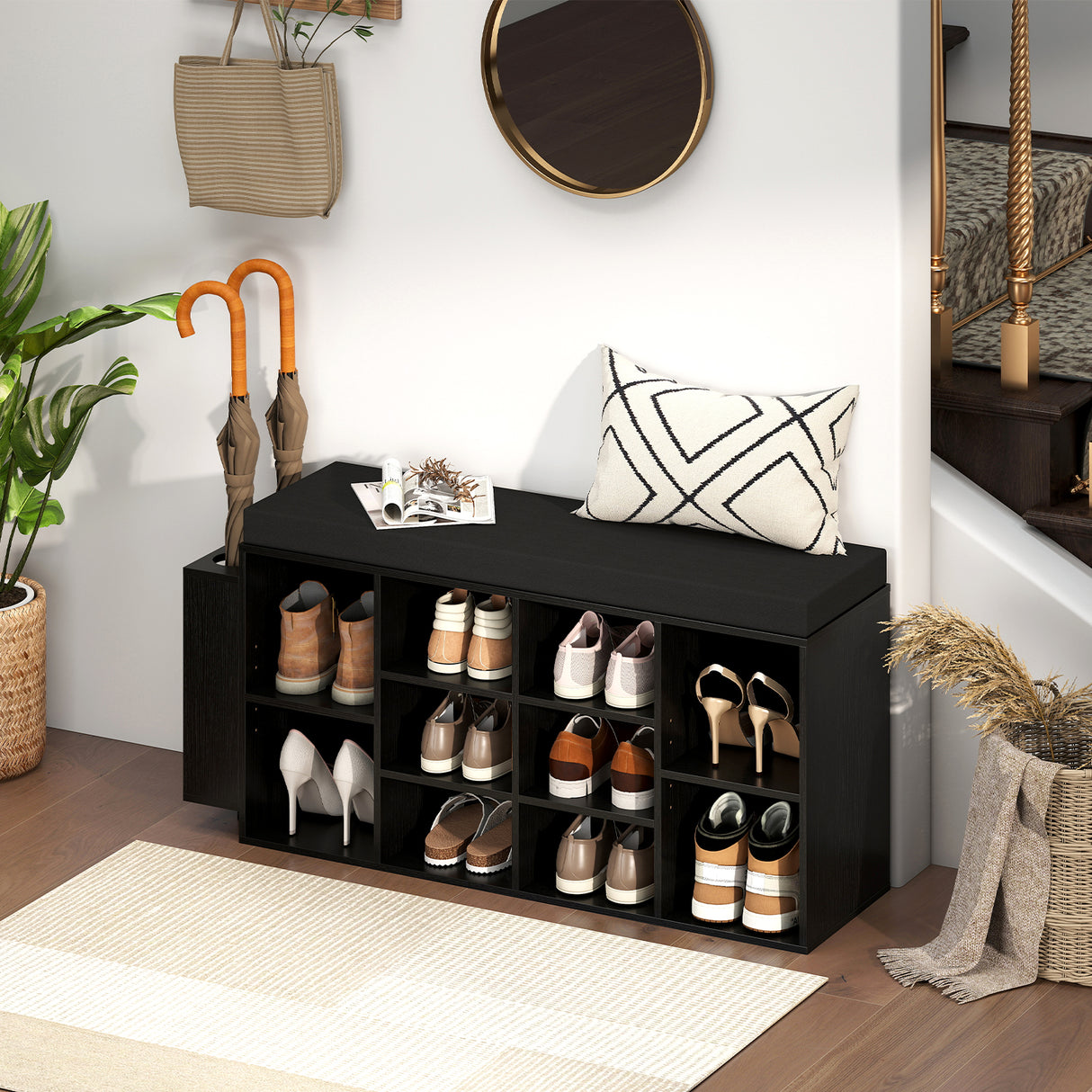 Shoe Storage Bench with Umbrella Stand 10-Cubby Entryway Shoe Rack Organizer