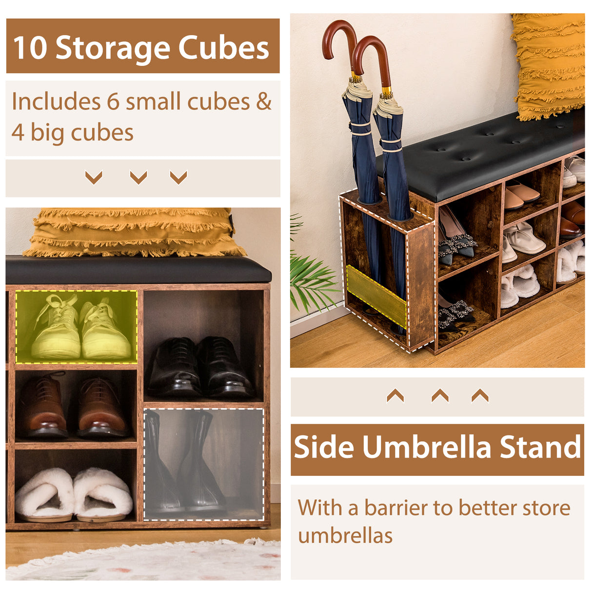 Shoe Storage Bench with Umbrella Stand and Adjustable Shelf