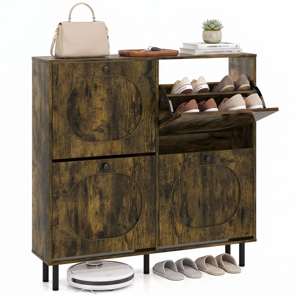 Shoe Storage Cabinet with 4 Flip Drawers and Aluminum Legs for Foyer and Hallway