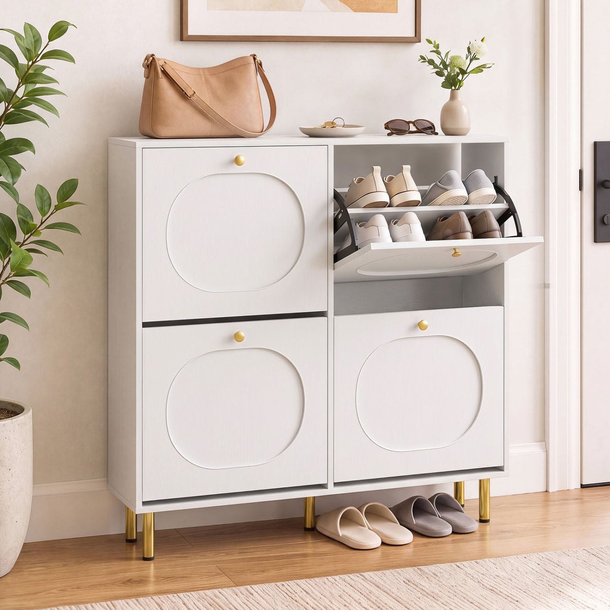 Shoe Storage Cabinet with 4 Flip Drawers and Aluminum Legs for Foyer and Hallway