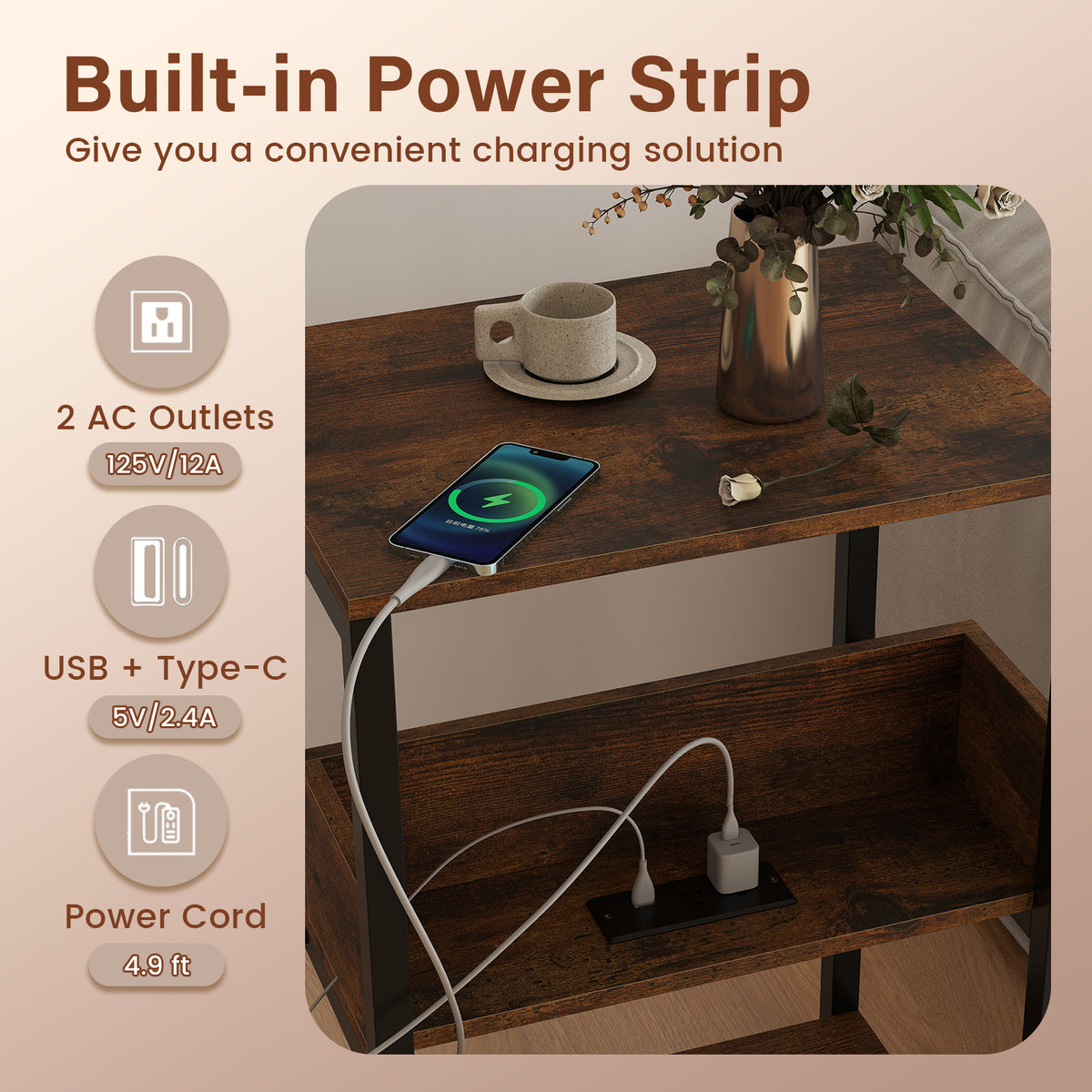 Side End Table with Charging Station and Open Shelves-Rustic Brown