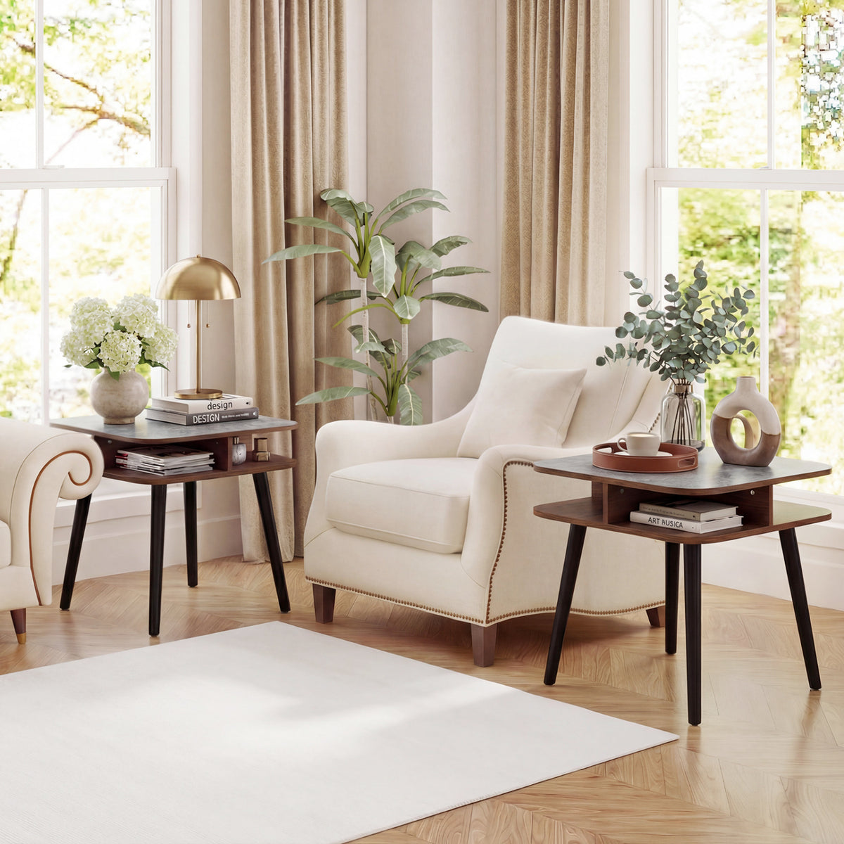 Side Table Faux Marble End Table with Storage Shelves and Rubber Wood Legs-Walnut