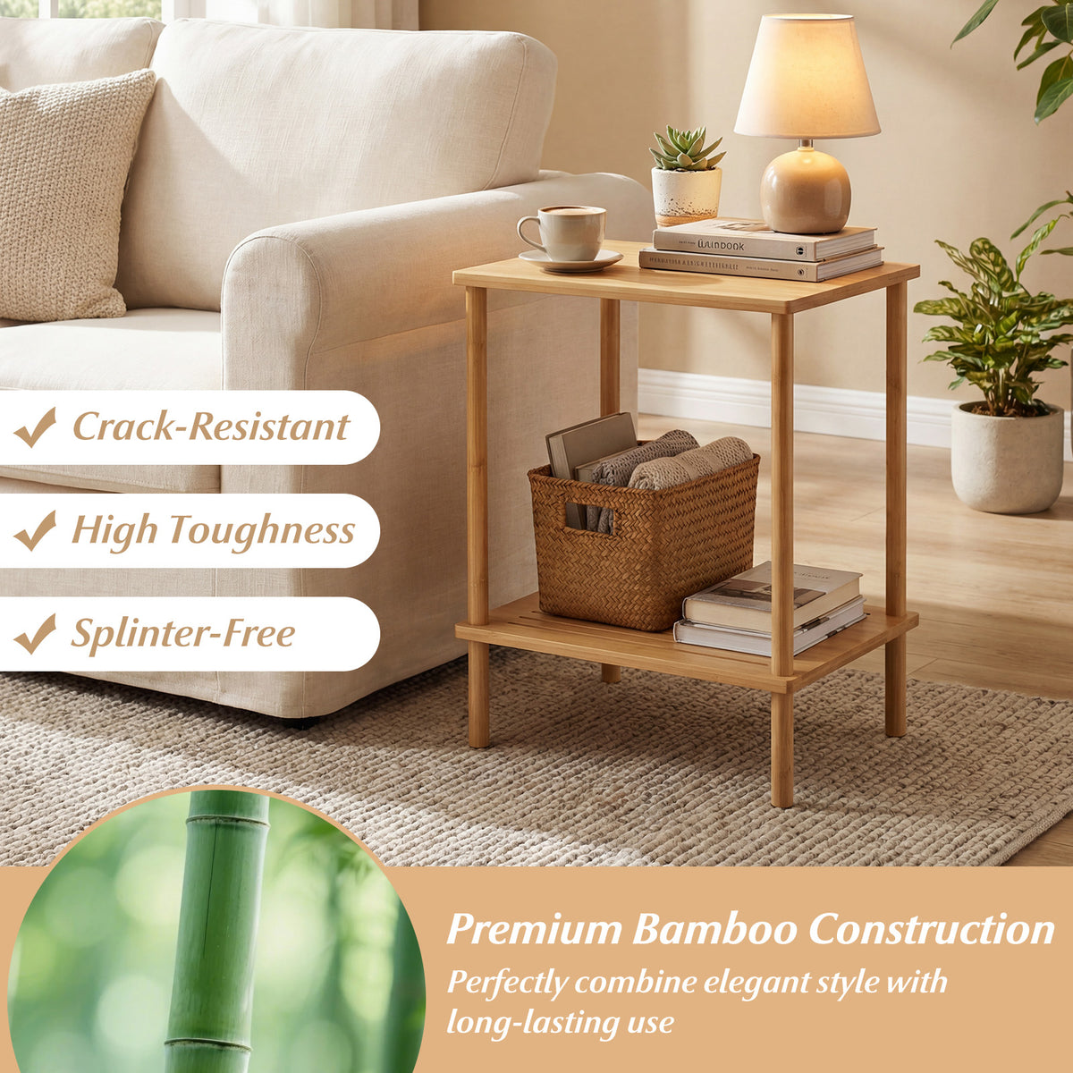 Side Table Set of 2 2-Tier Bamboo End Table with Storage Shelves Rectangular Tea Sofa Table-Natural