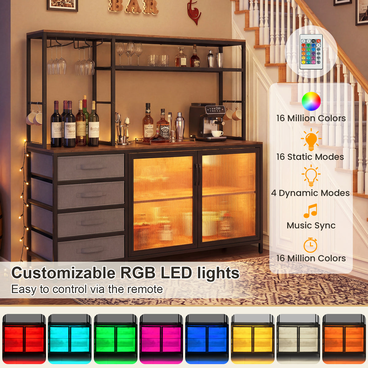 Sideboard Buffet Cabinet with LED Lights 55 inch Coffee Table with Power Outlets