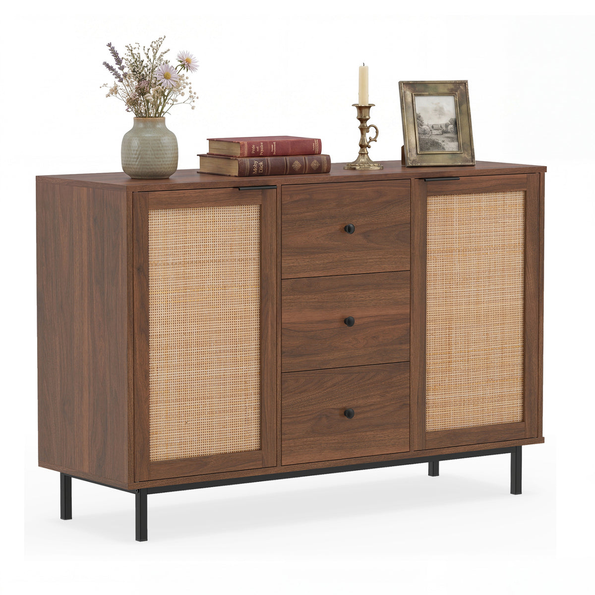 Sideboard Buffet Cabinet Rustic Farmhouse Coffee Bar Table with 2 Rattan Doors and 3 Drawers