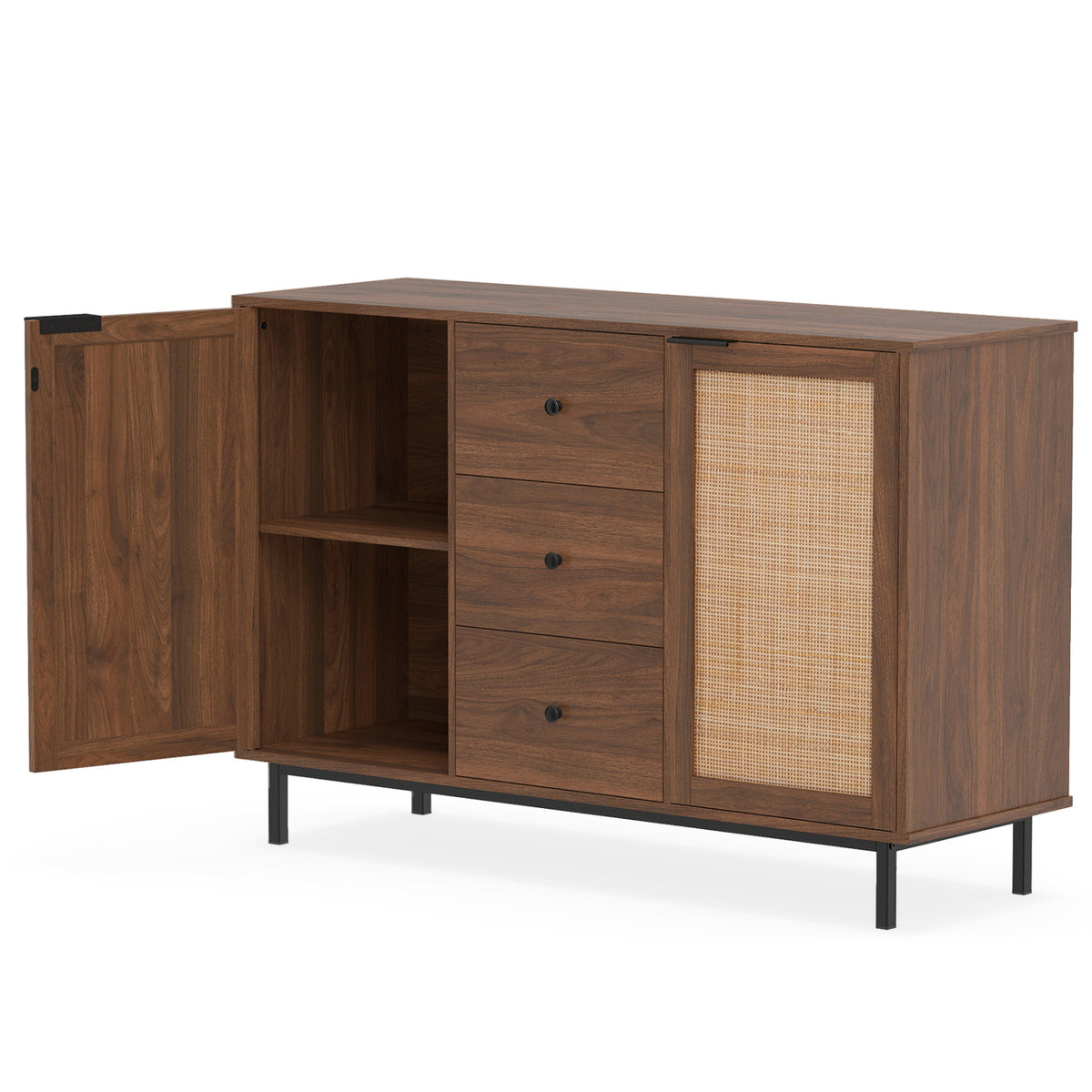 Sideboard Buffet Cabinet Rustic Farmhouse Coffee Bar Table with 2 Rattan Doors and 3 Drawers