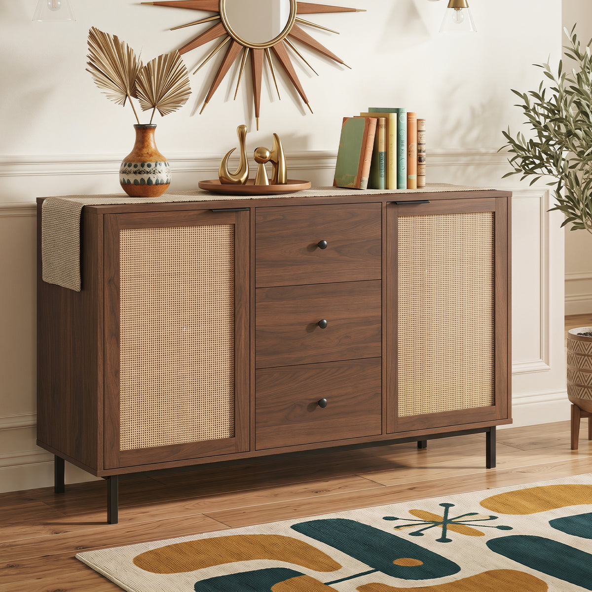 Sideboard Buffet Cabinet Rustic Farmhouse Coffee Bar Table with 2 Rattan Doors and 3 Drawers