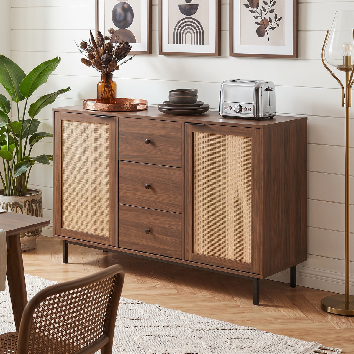 Sideboard Buffet Cabinet Rustic Farmhouse Coffee Bar Table with 2 Rattan Doors and 3 Drawers