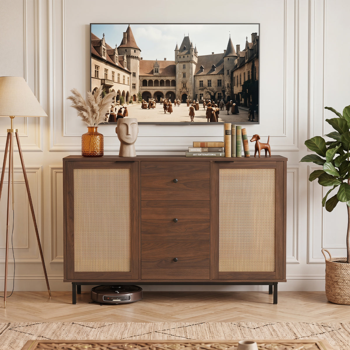 Sideboard Buffet Cabinet Rustic Farmhouse Coffee Bar Table with 2 Rattan Doors and 3 Drawers