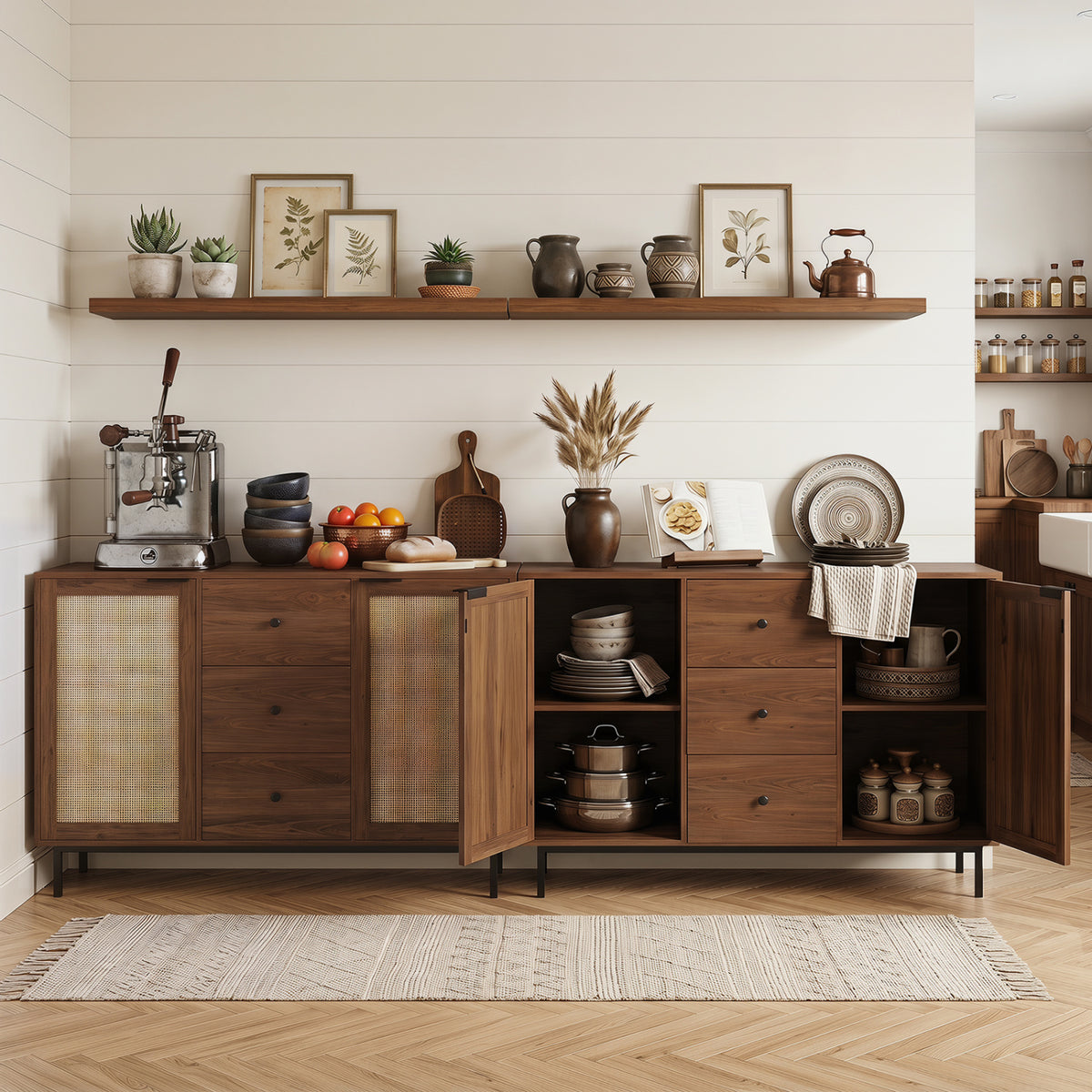 Sideboard Buffet Cabinet Rustic Farmhouse Coffee Bar Table with 2 Rattan Doors and 3 Drawers