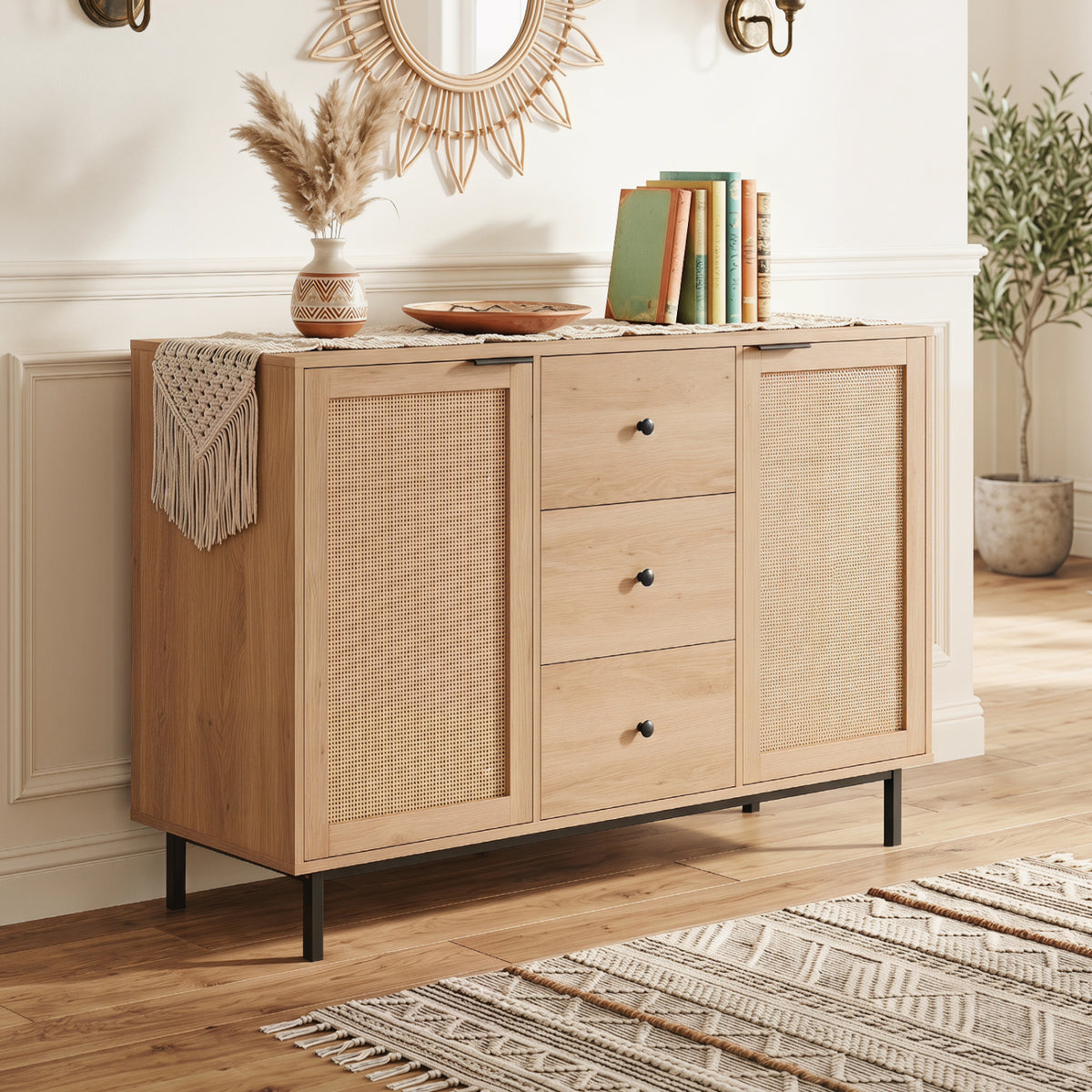 Sideboard Buffet Cabinet Rustic Farmhouse Coffee Bar Table with 2 Rattan Doors and 3 Drawers