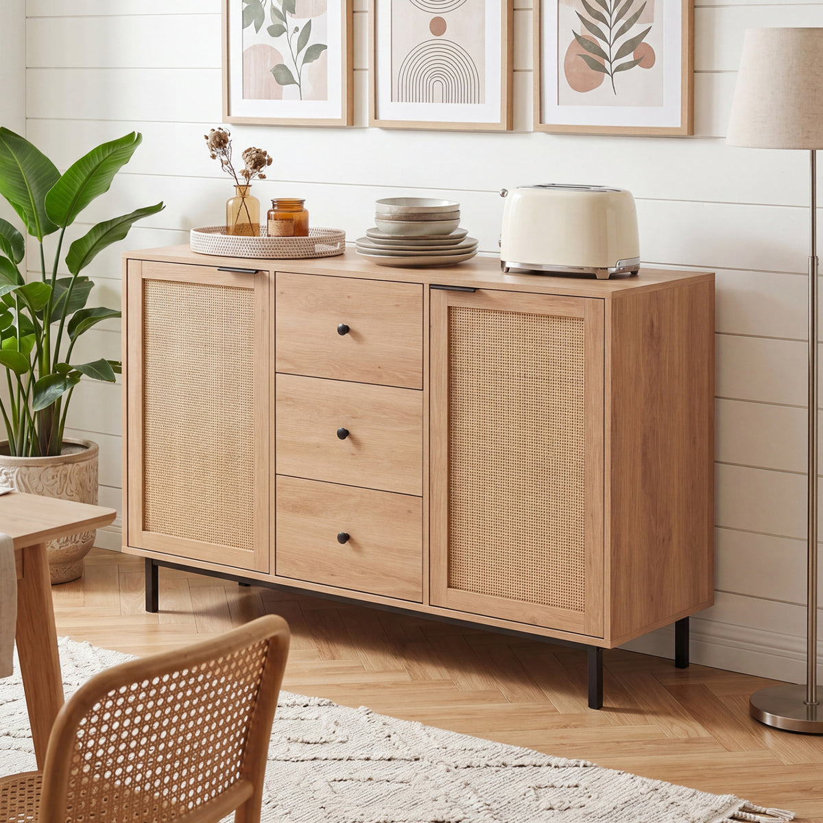 Sideboard Buffet Cabinet Rustic Farmhouse Coffee Bar Table with 2 Rattan Doors and 3 Drawers