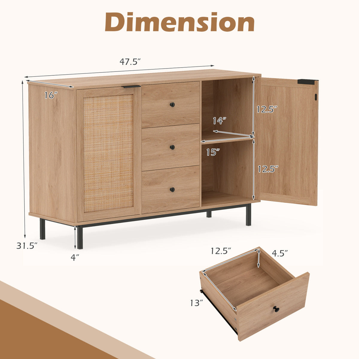 Sideboard Buffet Cabinet Rustic Farmhouse Coffee Bar Table with 2 Rattan Doors and 3 Drawers