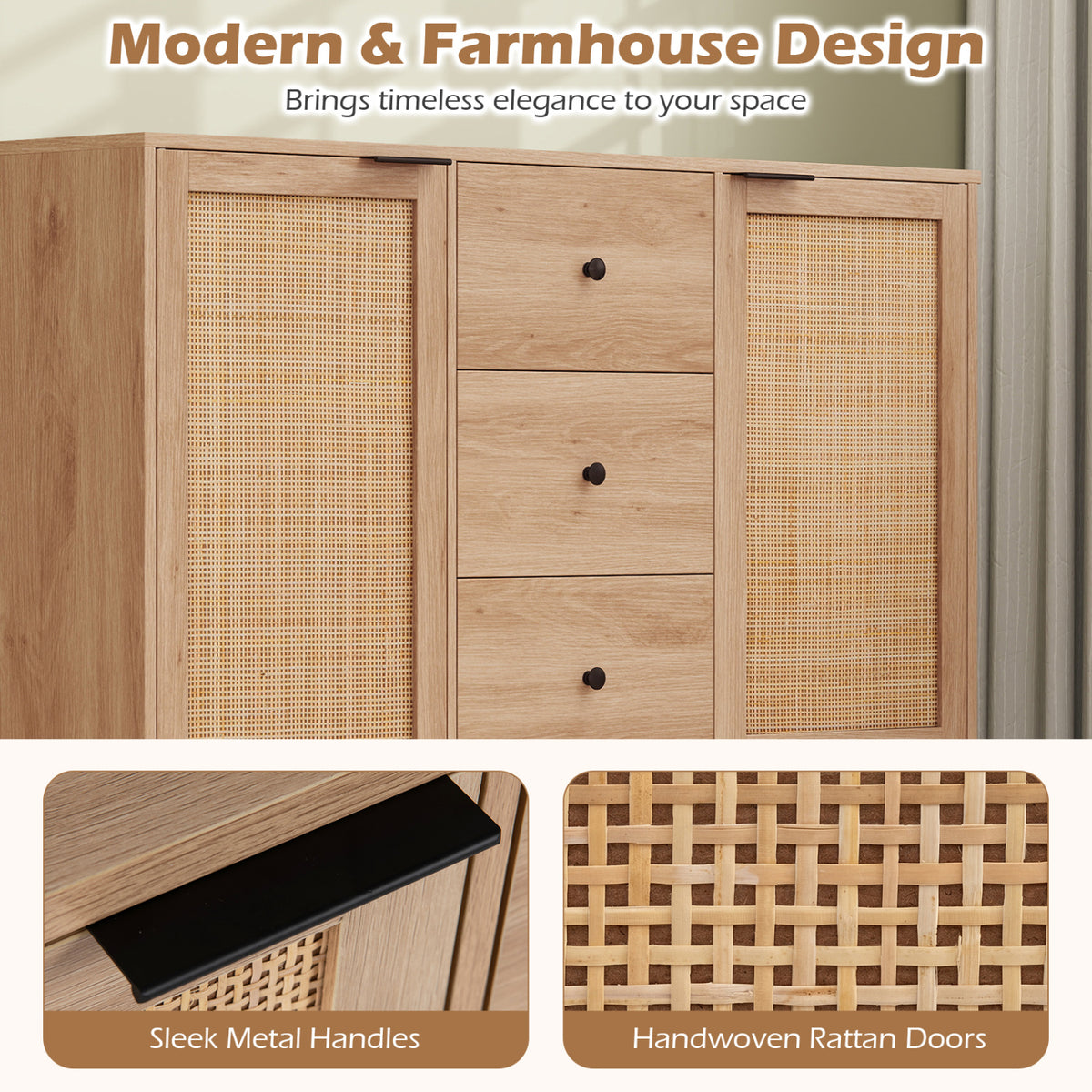Sideboard Buffet Cabinet Rustic Farmhouse Coffee Bar Table with 2 Rattan Doors and 3 Drawers