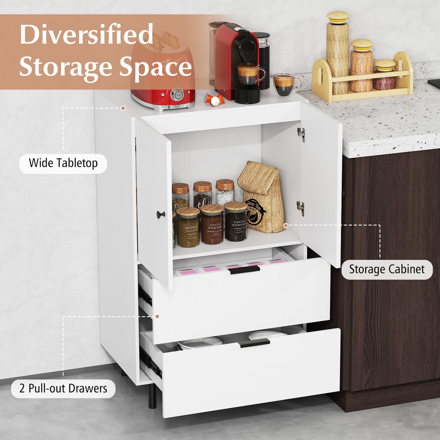 Sideboard Buffet Cabinet 2-Door Serving Cupboard with Drawers-White