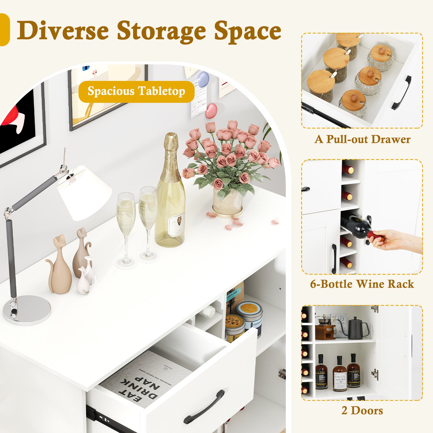 2-Door Buffet Sideboard with 6-Bottle Wine Rack Drawer