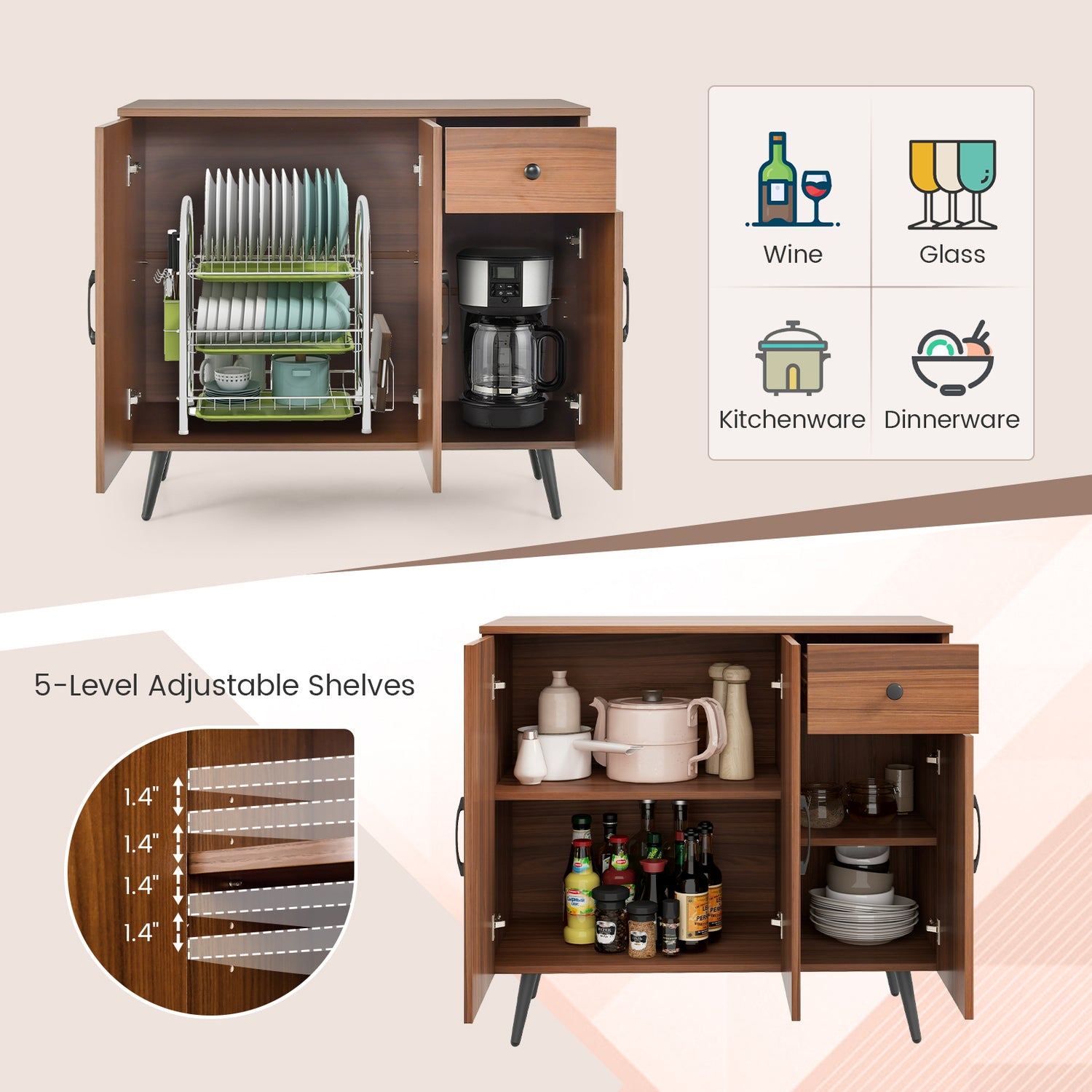 Sideboard Cabinet with 3 Doors and Pull out Drawer Adjustable Shelves-Walnut
