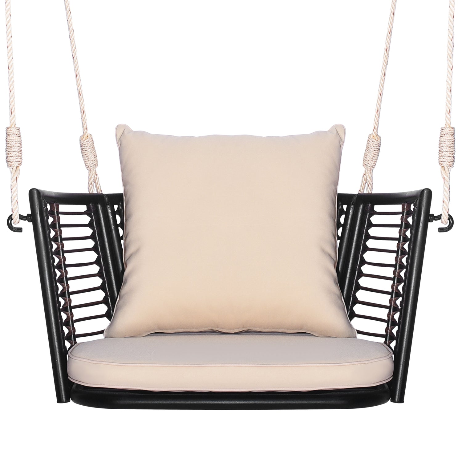 Single Person Hanging Seat with Woven Rattan Backrest for Backyard