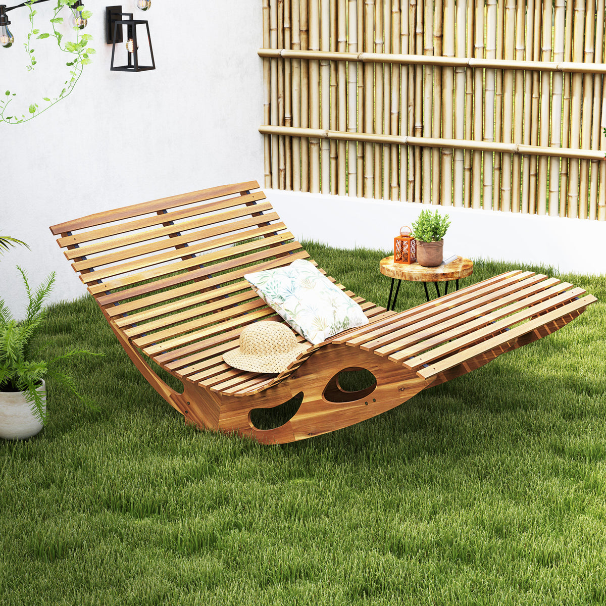 Slatted Acacia 2-Seat Patio Dual Rocker Sunbed Wood Lounger with Ergonomic Curved Seat