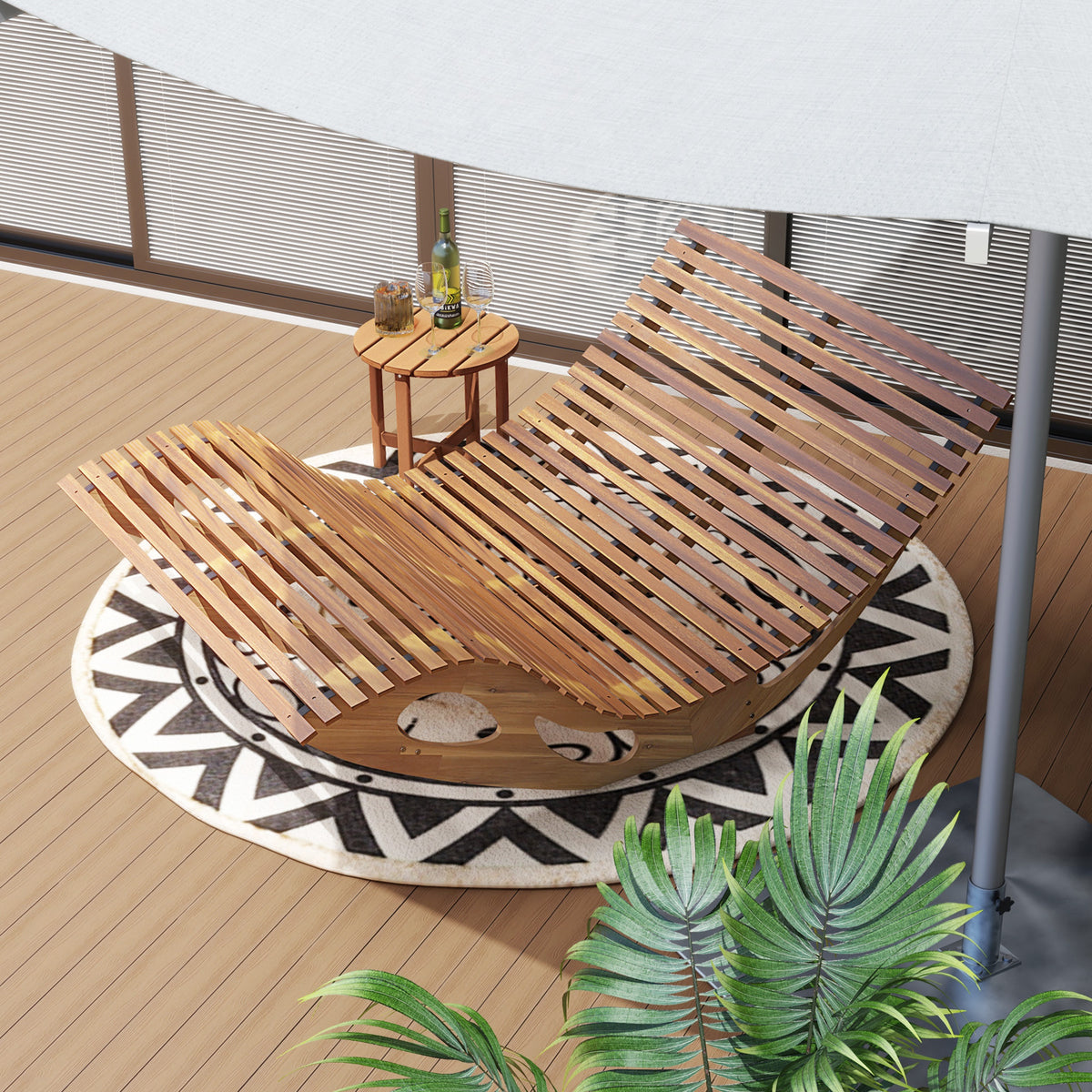 Slatted Acacia 2-Seat Patio Dual Rocker Sunbed Wood Lounger with Ergonomic Curved Seat