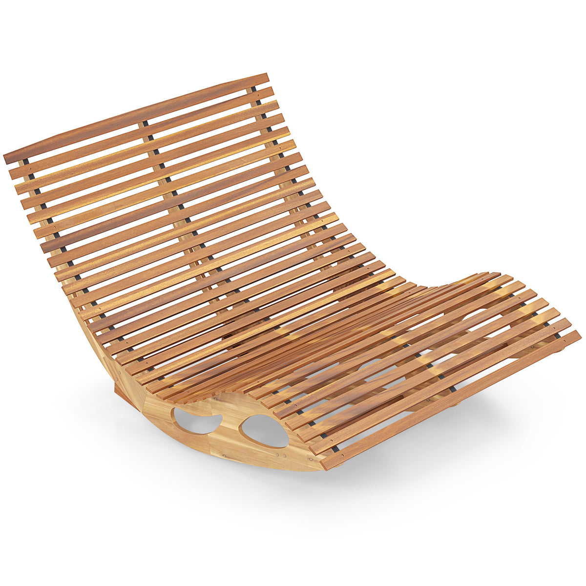 Slatted Acacia 2-Seat Patio Dual Rocker Sunbed Wood Lounger with Ergonomic Curved Seat
