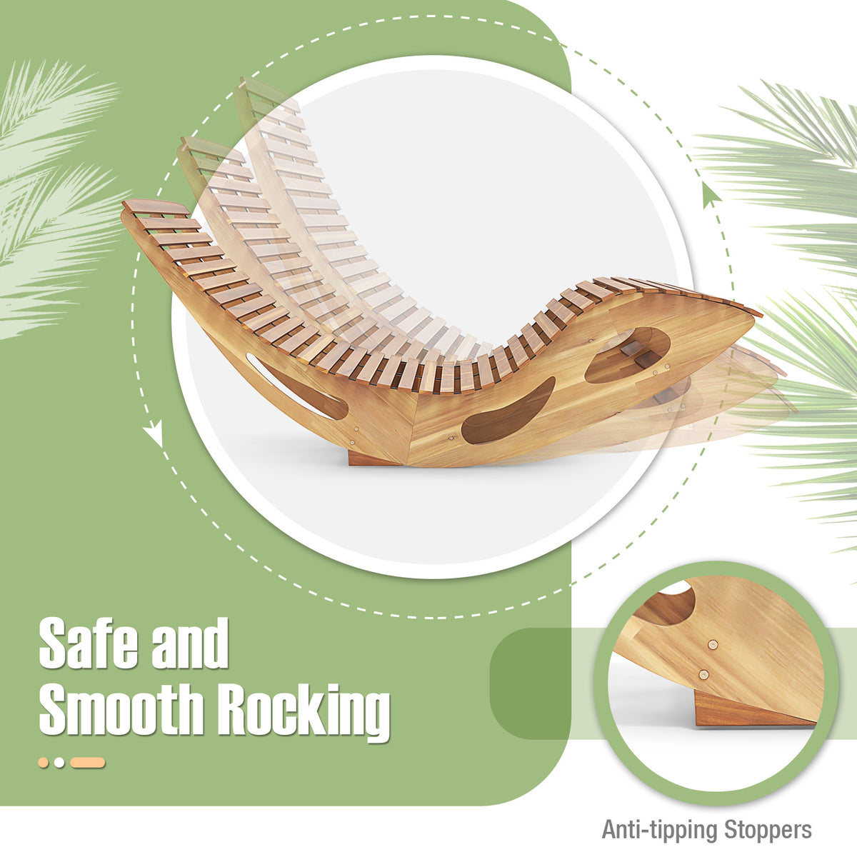 Slatted Acacia 2-Seat Patio Dual Rocker Sunbed Wood Lounger with Ergonomic Curved Seat
