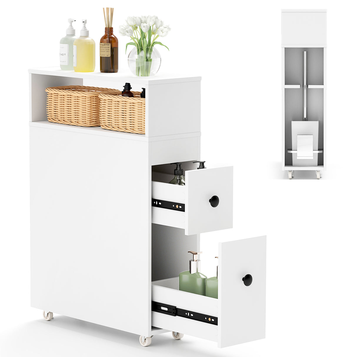 Slim Bathroom Cabinet Wooden Toilet Organizer with Deep Slide Out Drawers