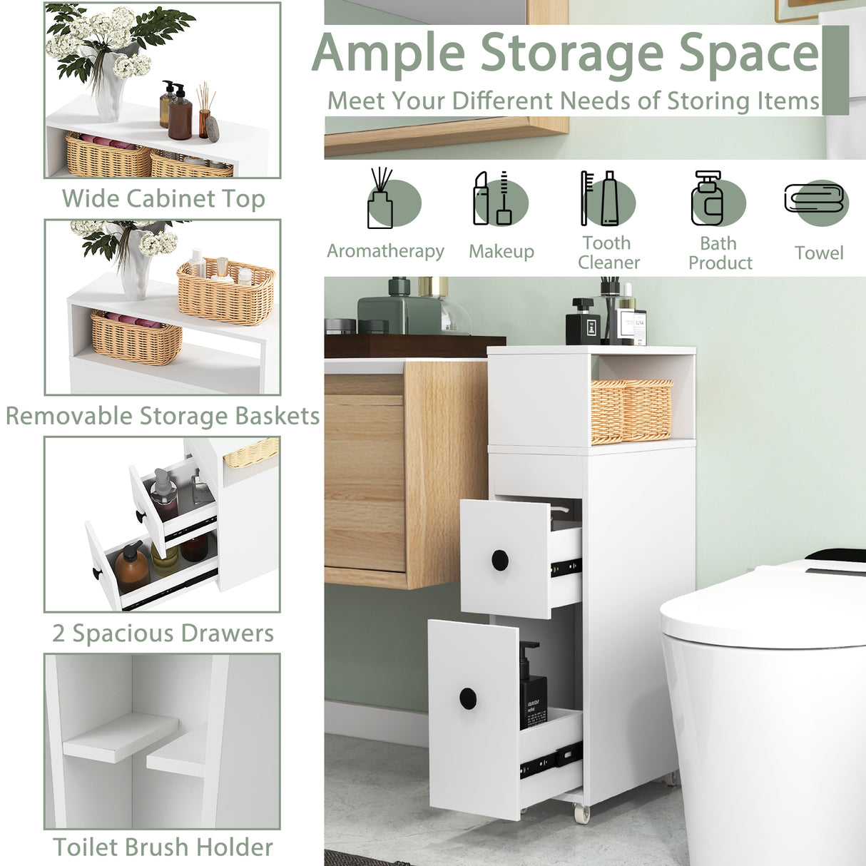 Slim Bathroom Cabinet Wooden Toilet Organizer with Deep Slide Out Drawers