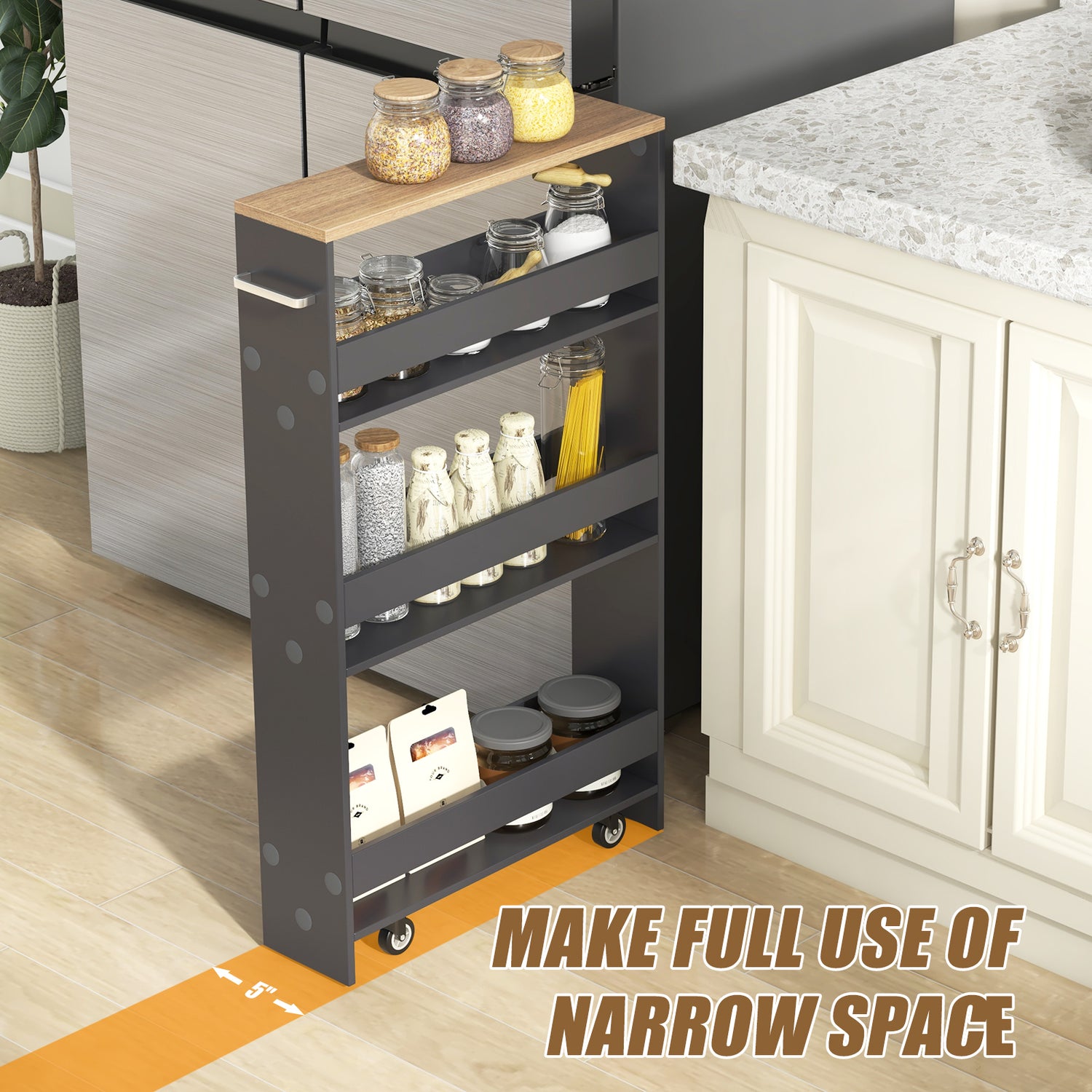 Narrow Mobile Serving Cart with Open Shelves for Kitchen Bathroom Living Room