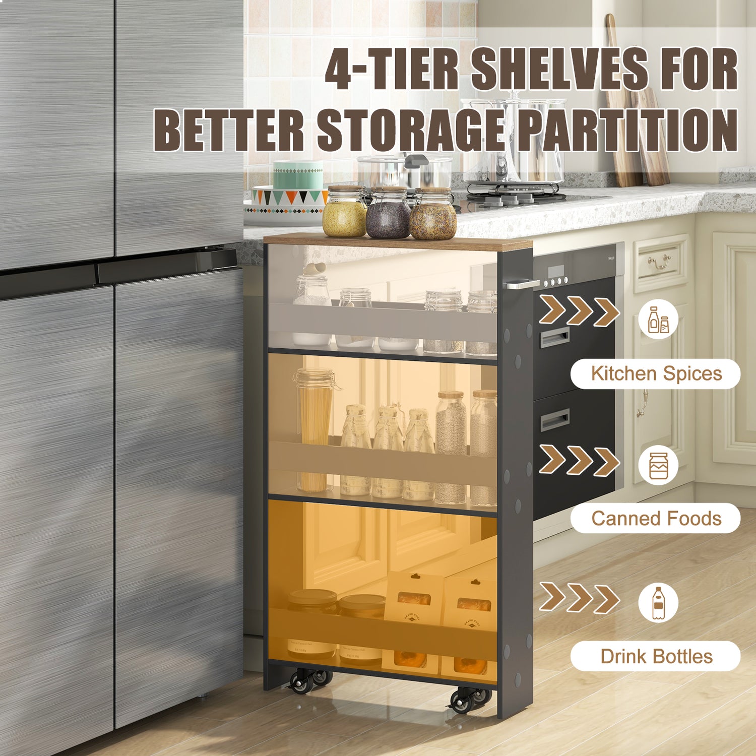 Narrow Mobile Serving Cart with Open Shelves for Kitchen Bathroom Living Room