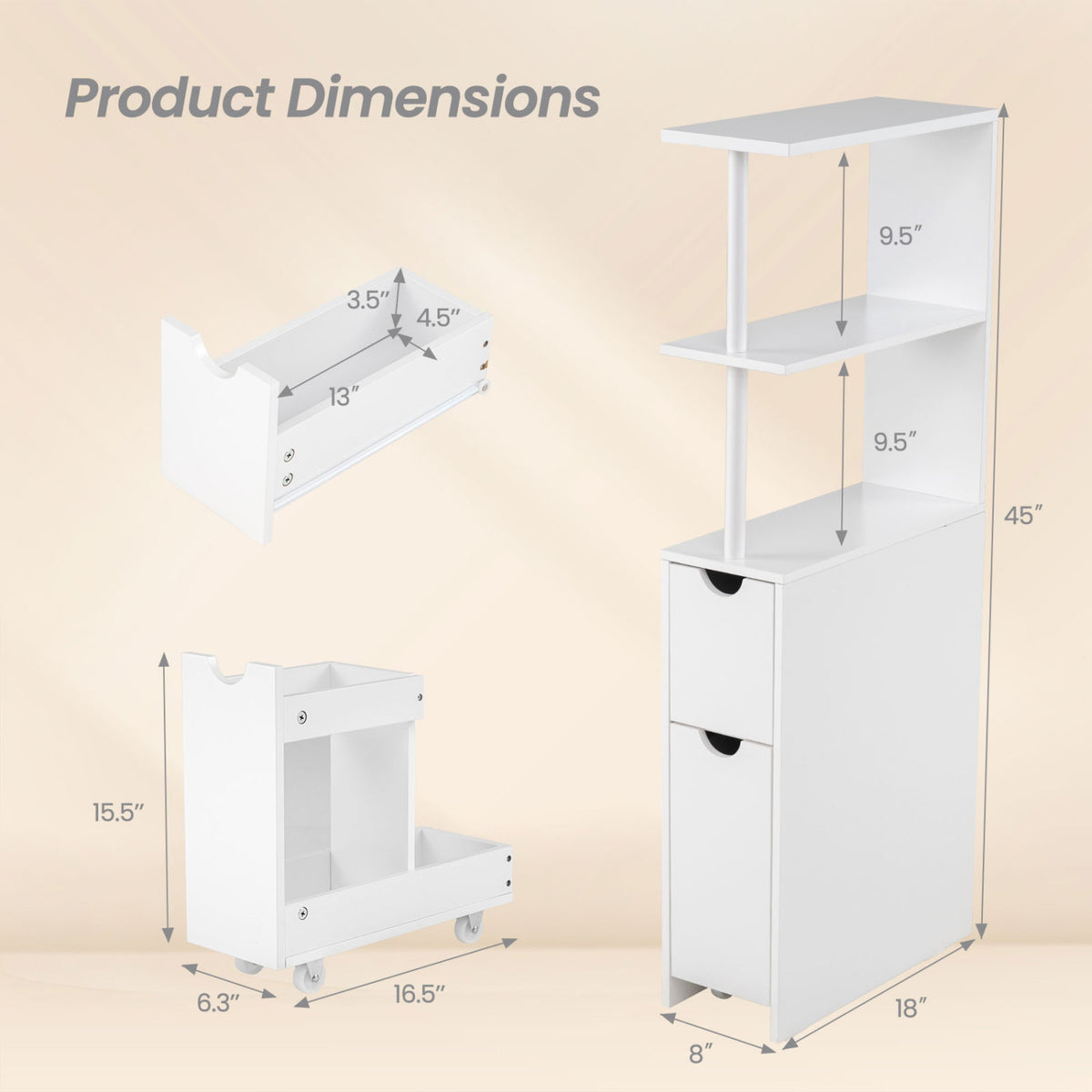 Slim Storage Freestanding Bathroom Cabinet with Open Shelves-White