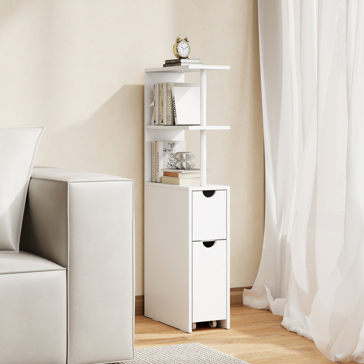 Slim Storage Freestanding Bathroom Cabinet with Open Shelves-White