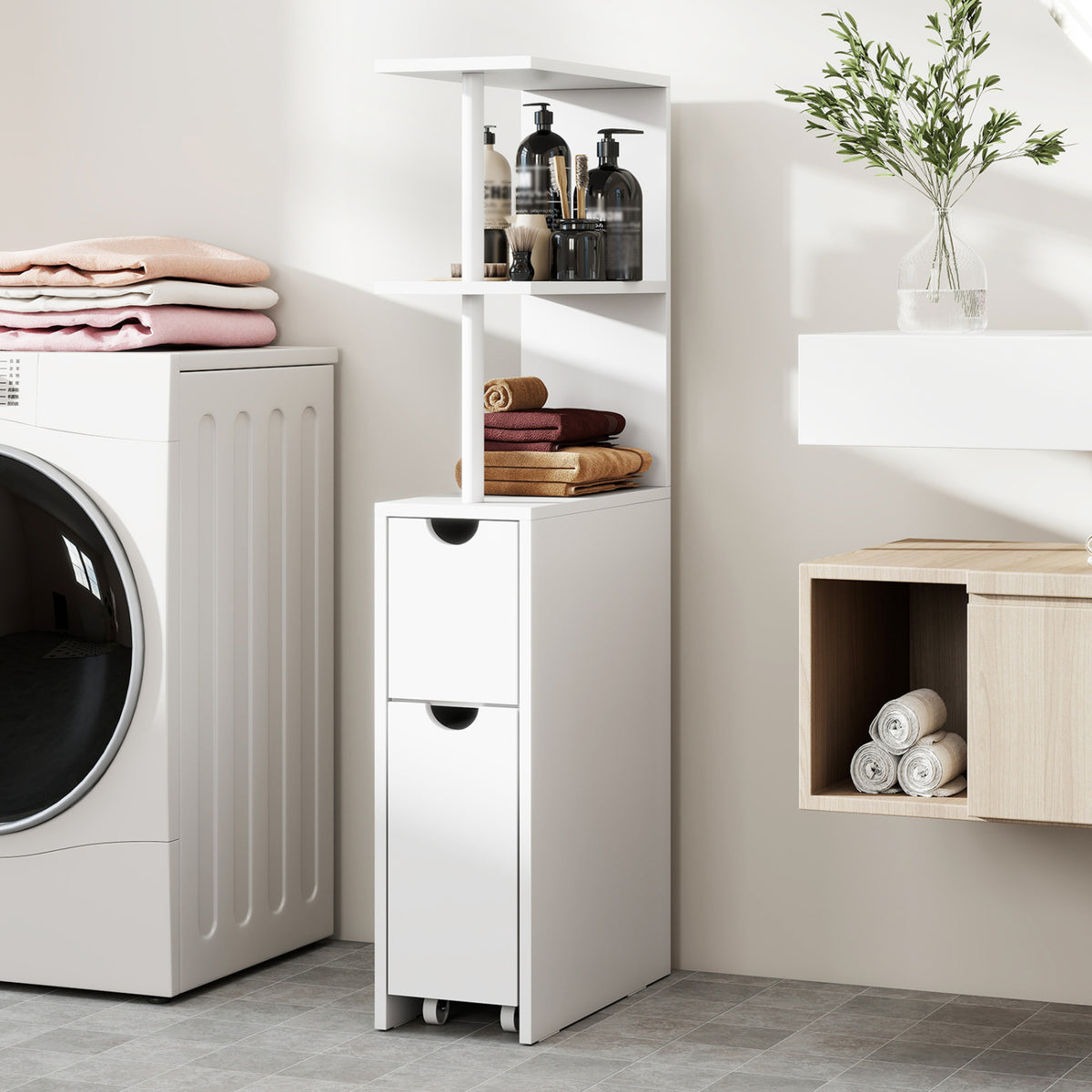 Slim Storage Freestanding Bathroom Cabinet with Open Shelves-White