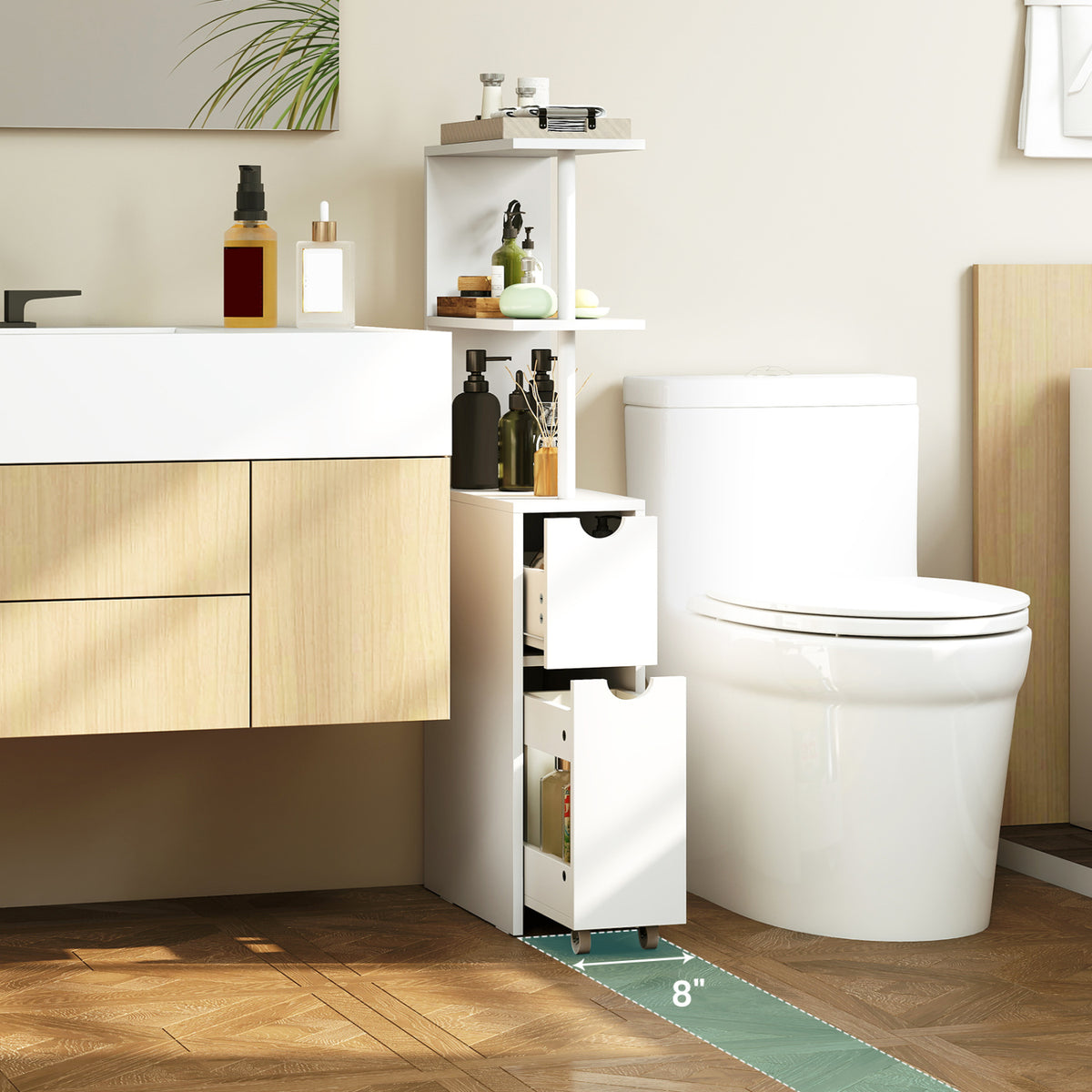 Slim Storage Freestanding Bathroom Cabinet with Open Shelves-White