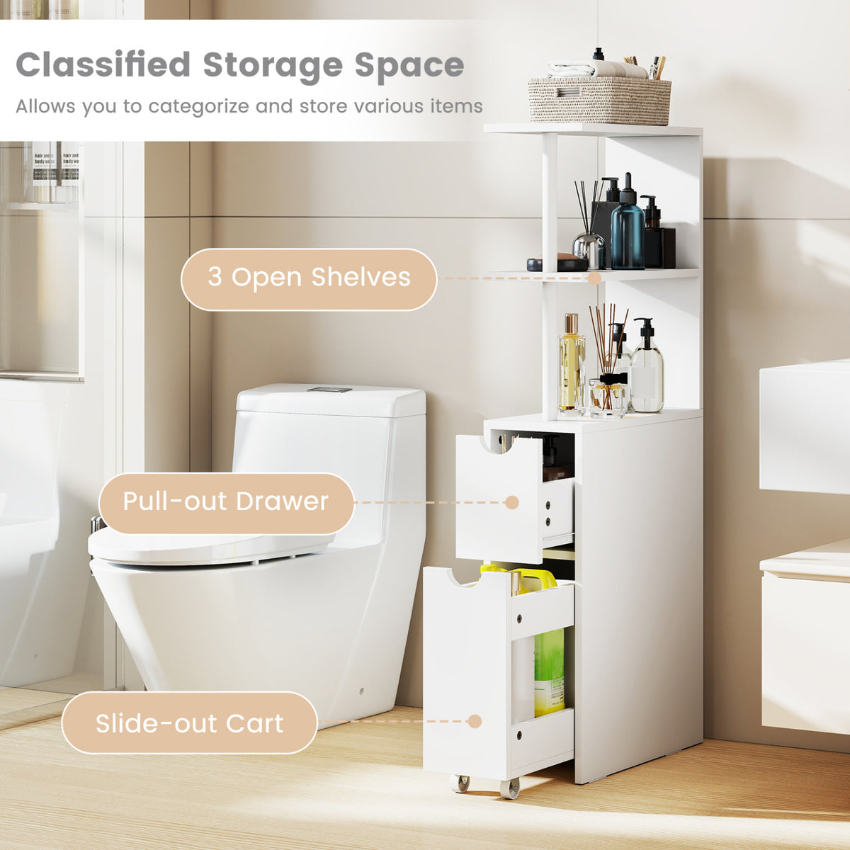 Slim Storage Freestanding Bathroom Cabinet with Open Shelves-White