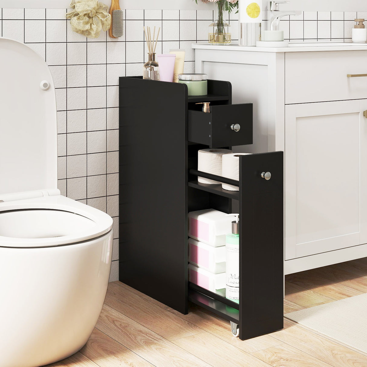 Small Bathroom Storage Cabinet 4-Tier Narrow Toilet Side Storage Cabinet with Slide Out Drawers on Casters