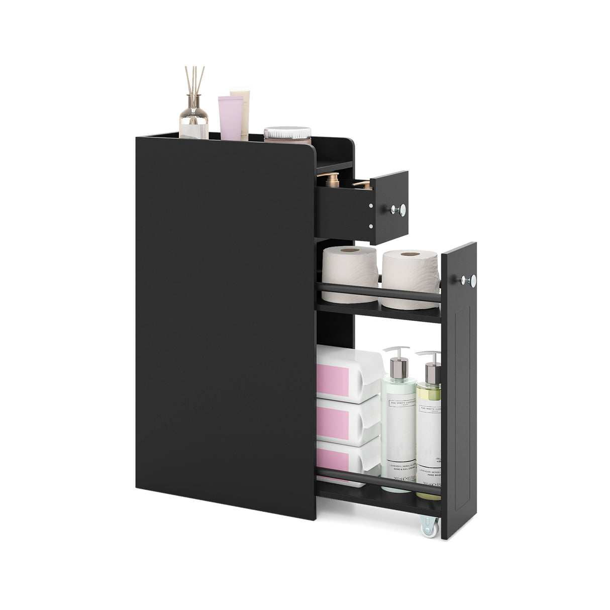Small Bathroom Storage Cabinet 4-Tier Narrow Toilet Side Storage Cabinet with Slide Out Drawers on Casters