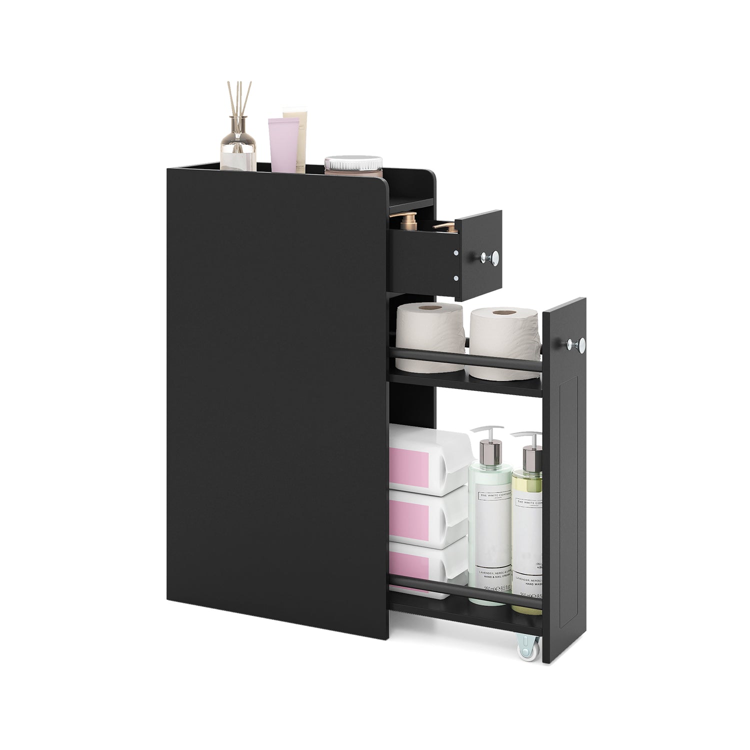 Small Bathroom Storage Cabinet 4-Tier Narrow Toilet Side Storage Cabinet with Slide Out Drawers on Casters