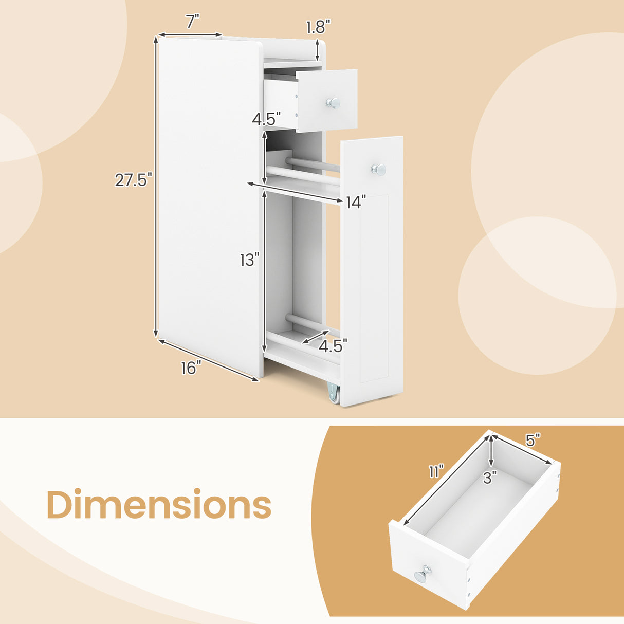 Small Bathroom Storage Cabinet 4-Tier Narrow Toilet Side Storage Cabinet with Slide Out Drawers on Casters
