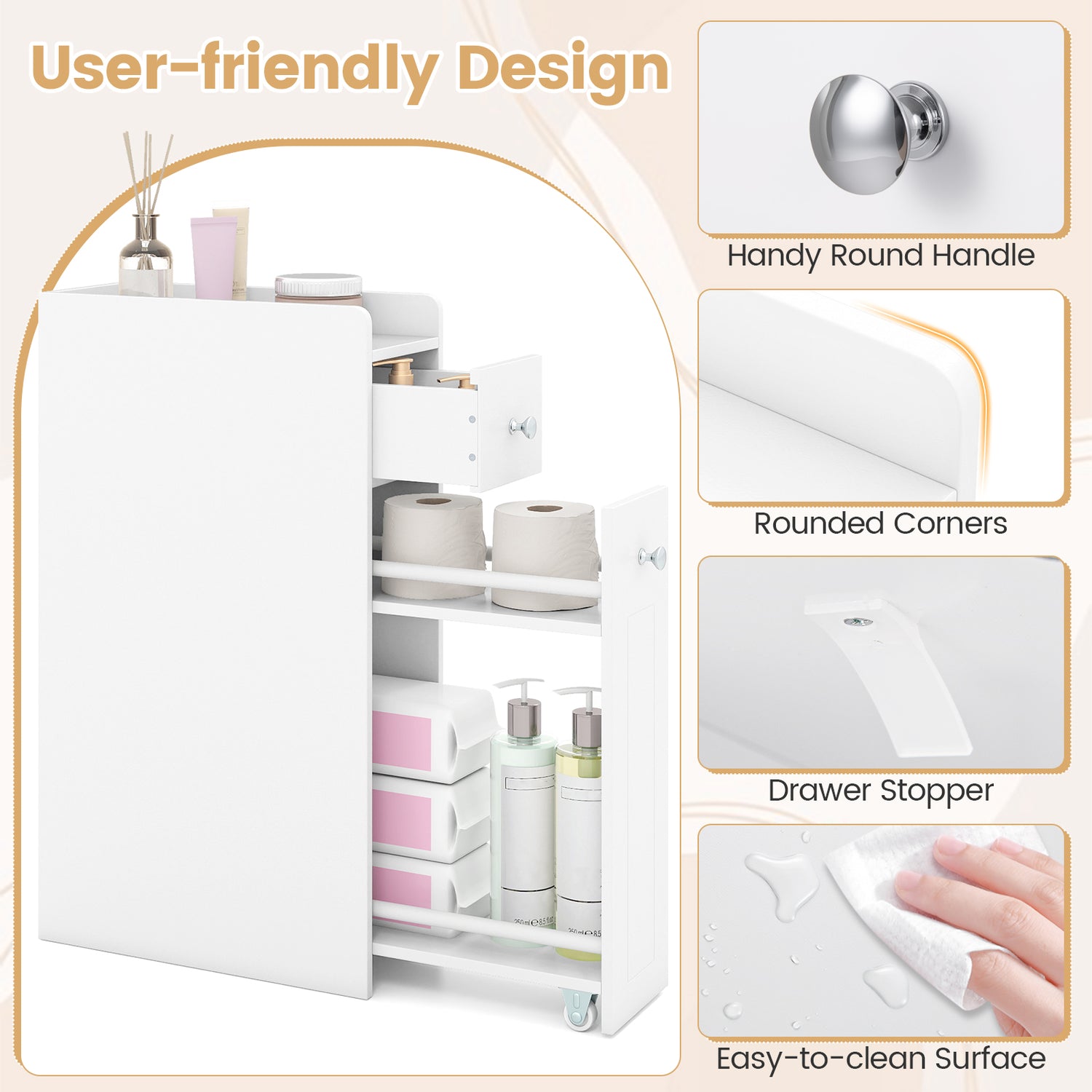 Small Bathroom Storage Cabinet 4-Tier Narrow Toilet Side Storage Cabinet with Slide Out Drawers on Casters