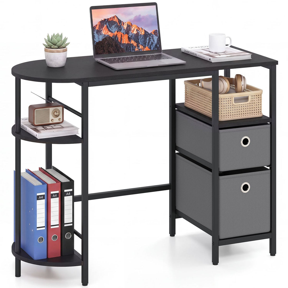 Small Computer Desk with Half-moon Side Shelves and Folding Fabric Drawers