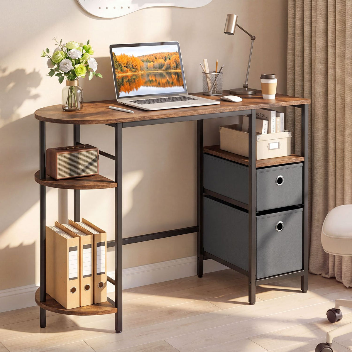 Small Computer Desk with Half-moon Side Shelves and Folding Fabric Drawers