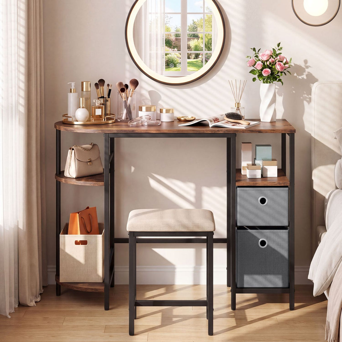 Small Computer Desk with Half-moon Side Shelves and Folding Fabric Drawers