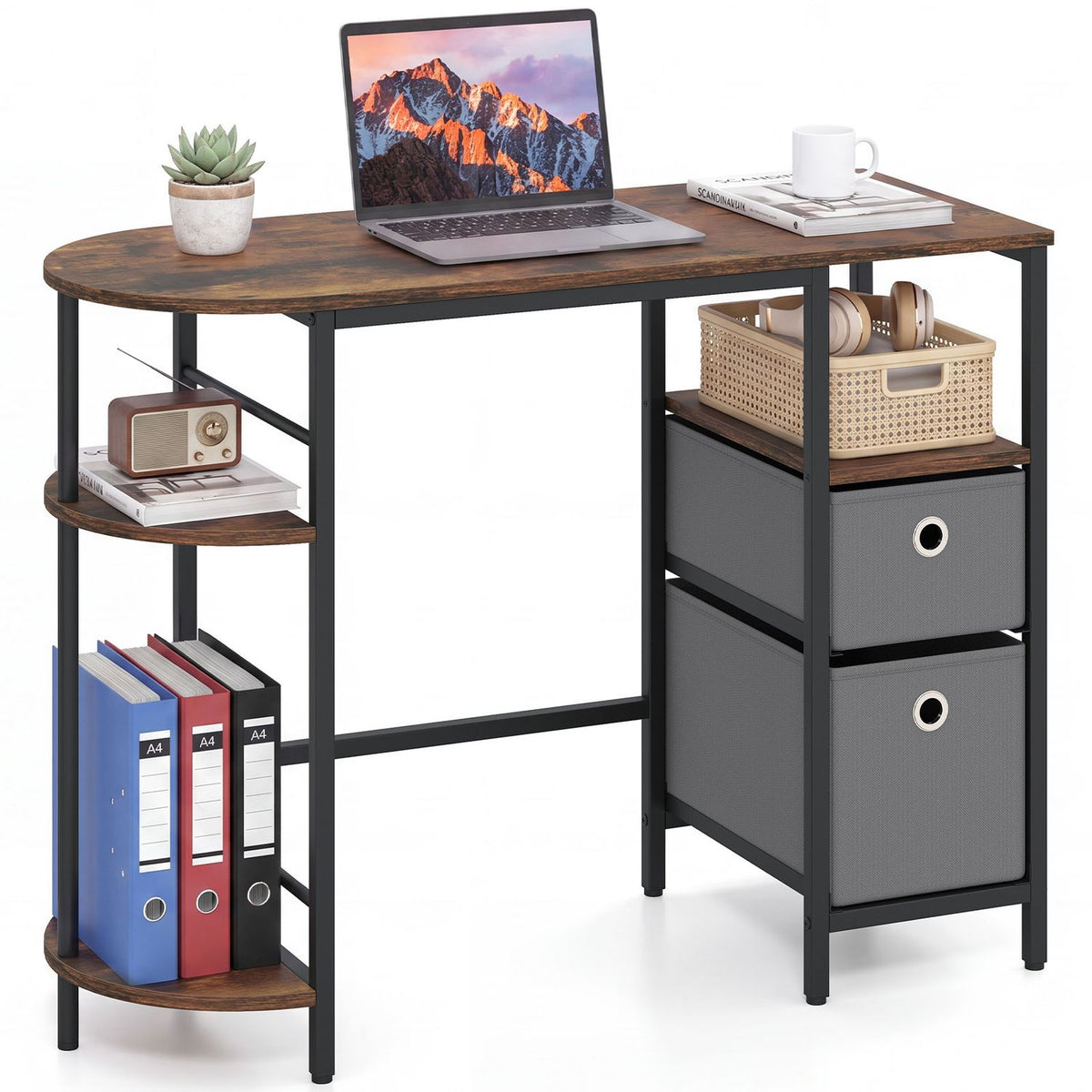 Small Computer Desk with Half-moon Side Shelves and Folding Fabric Drawers