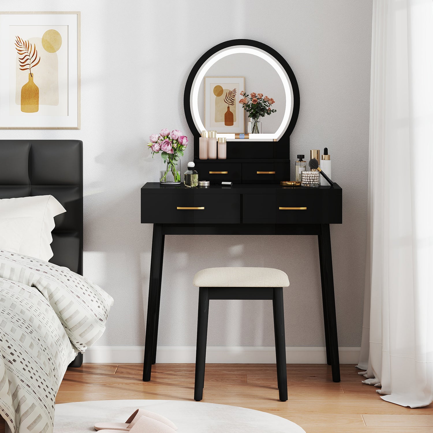 Small Vanity Makeup Dressing Table Set with Cushioned Stool and LED Lighted Mirror